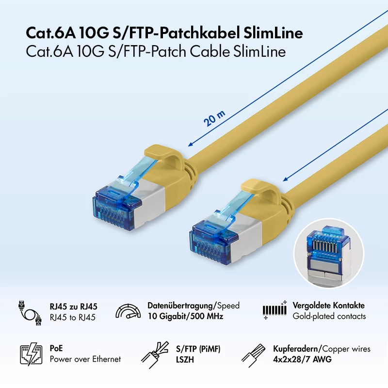 LogiLink SlimLine Cat.6A S/FTP LSZH patch kábel, žltá, 20 m