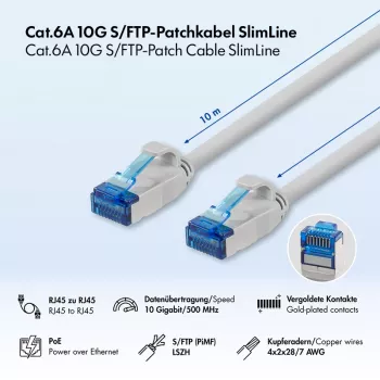 LogiLink Cat.6A Slim S/FTP LSZH patch kábel, sivá, 10m, SlimLine