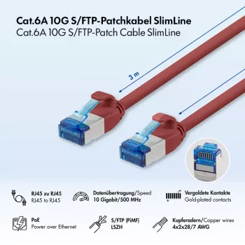LogiLink SlimLine Cat.6A S/FTP LSZH patch kábel, červená, 3m, 10Gbps