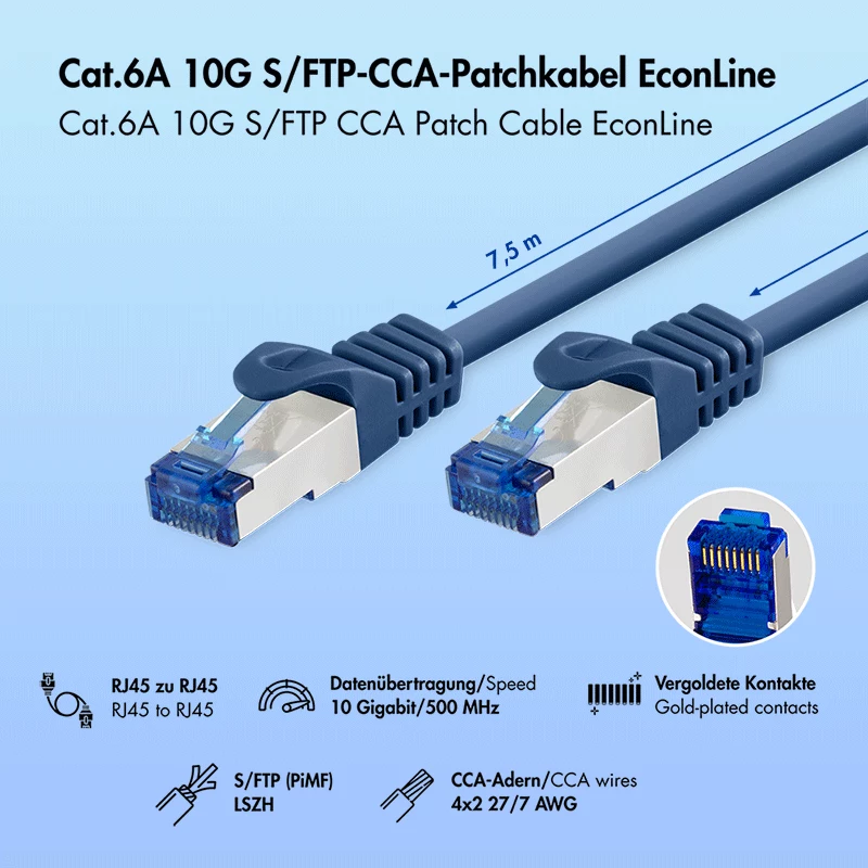 LogiLink EconLine Cat.6A S/FTP LSZH patch kábel, CCA, modrá, 7,5 m