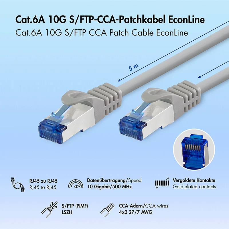 LogiLink Cat.6A CCA S/FTP LSZH patch kábel, sivá, 5 m, EconLine