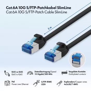 LogiLink Cat.6A Slim S/FTP LSZH patch kábel, čierna, 5 m
