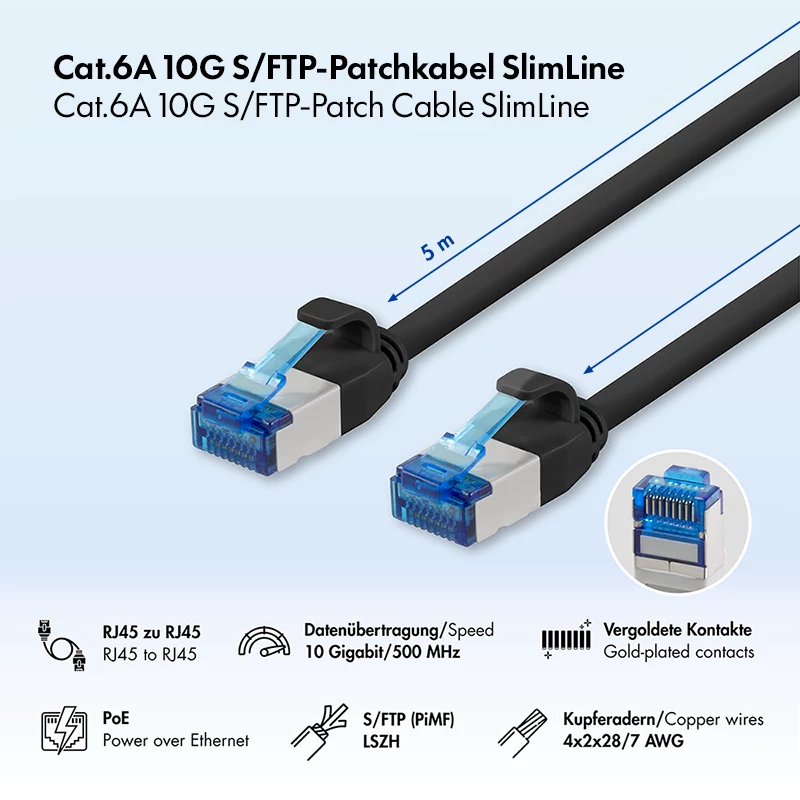 LogiLink Cat.6A Slim S/FTP LSZH patch kábel, čierna, 5 m