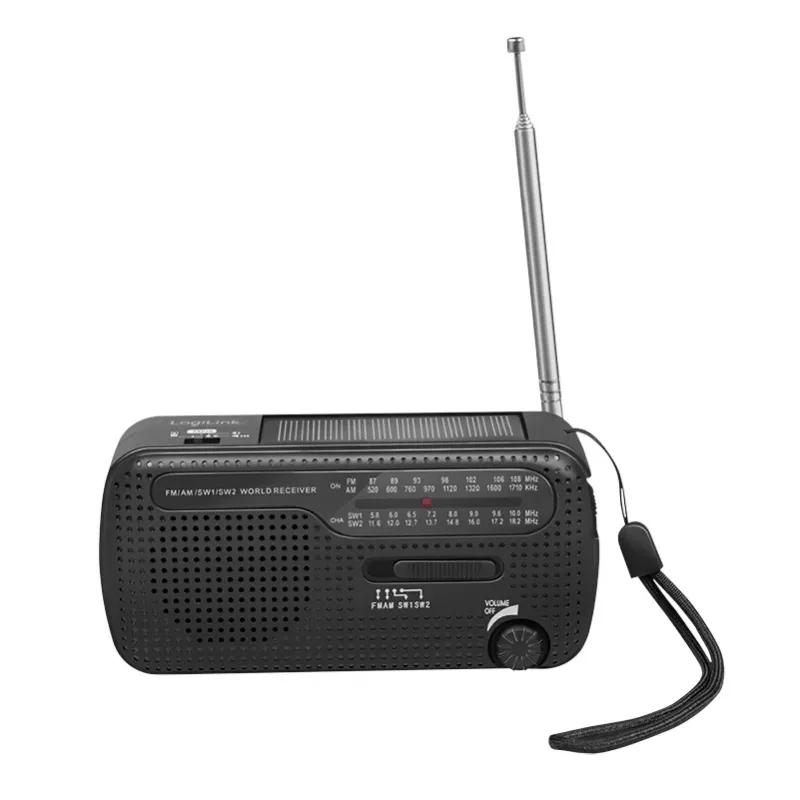 LogiLink dynamo kľukové rádio so solárnym panelom, AM/FM, USB-C nabíjanie, LED baterka, SOS alarm, powerbank, čierne