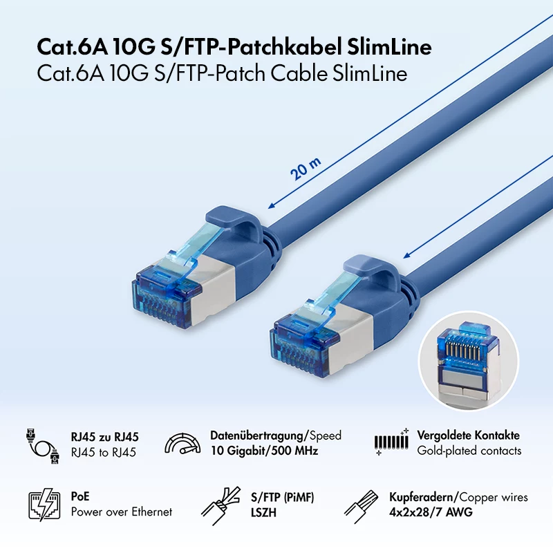 LogiLink Cat.6A S/FTP LSZH SlimLine patch kábel, 20 m, modrý