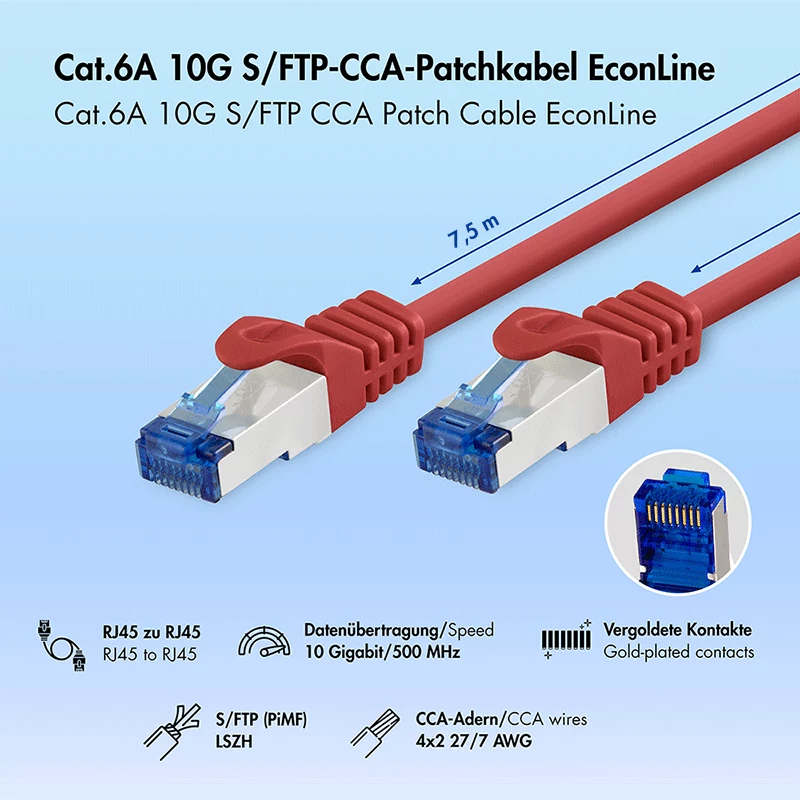 LogiLink Cat.6A S/FTP LSZH patch kábel, CCA, červený, 7,5m, EconLine