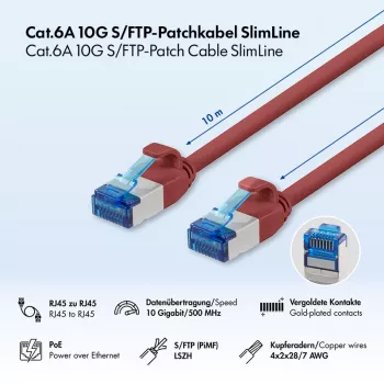 LogiLink Cat.6A Slim S/FTP LSZH patch kábel, červená, 10 m