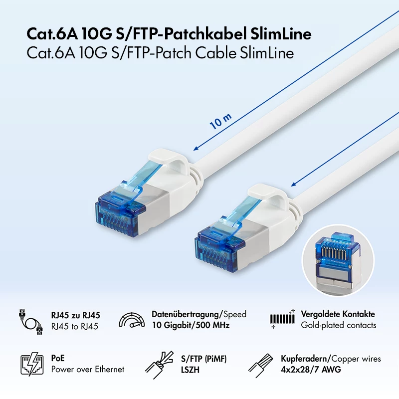 LogiLink Cat.6A Slim S/FTP LSZH patch kábel, biela, 10 m, SlimLine