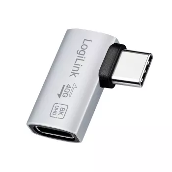 LogiLink USB4 Type-C 90° adaptér, C/M na C/F, 40 Gbit/s, 240W, 8K/60Hz, hliník, strieborná