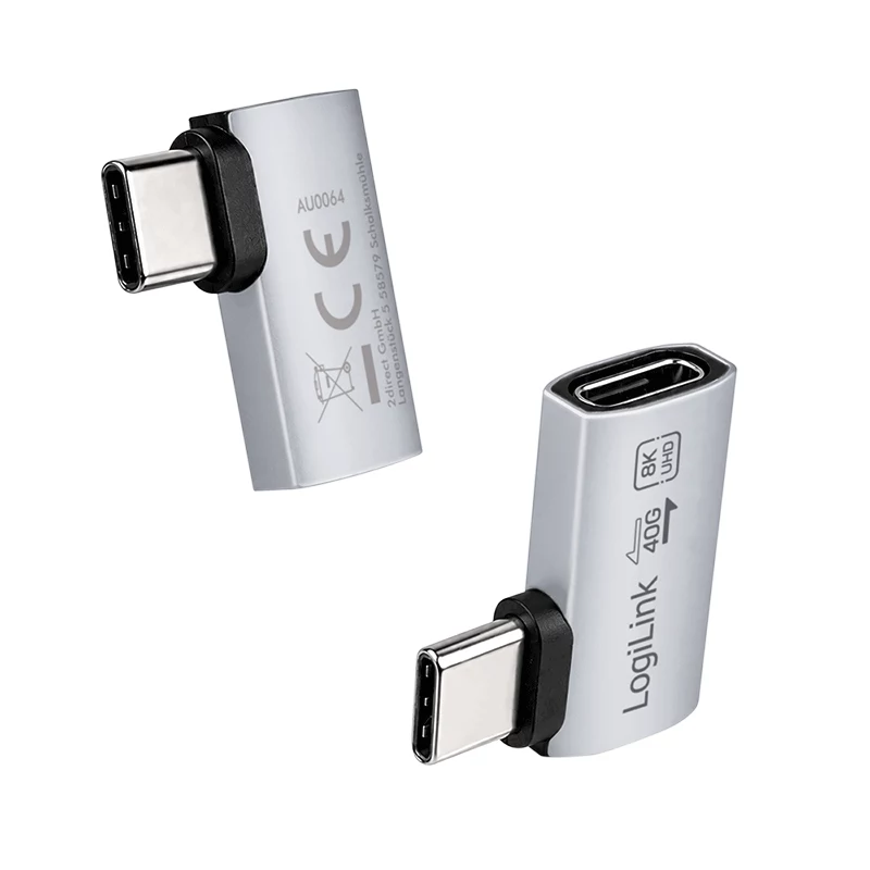 LogiLink USB4 Type-C 90° adaptér, C/M na C/F, 40 Gbit/s, 240W, 8K/60Hz, hliník, strieborný