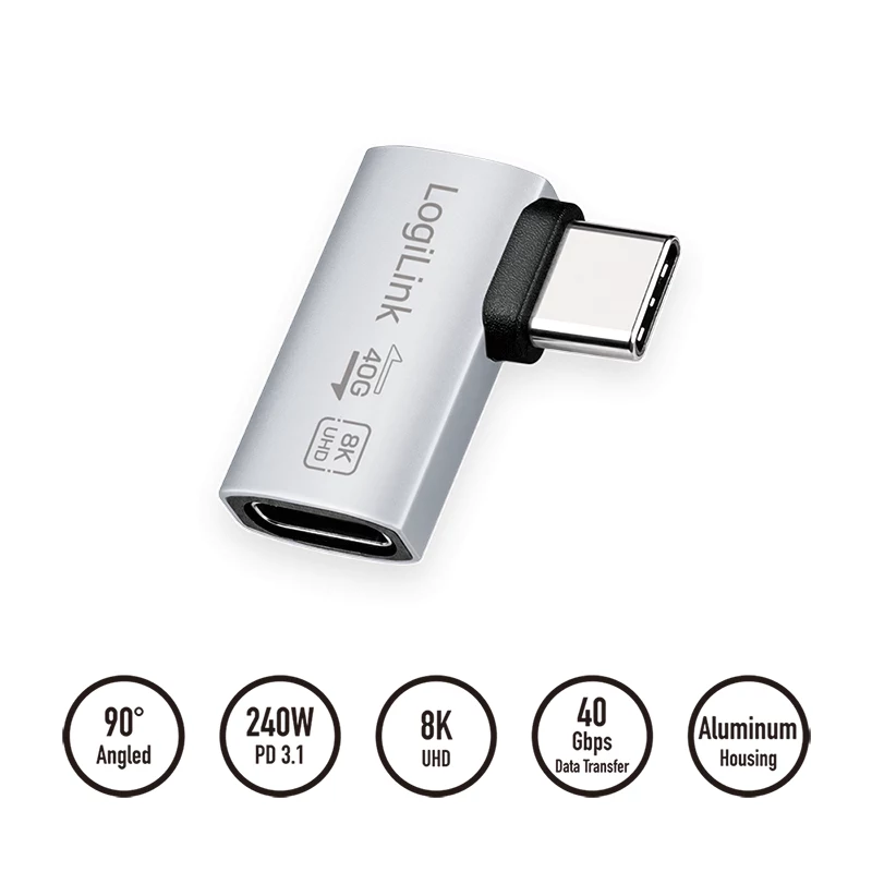 LogiLink USB4 Type-C 90° adaptér, C/M na C/F, 40 Gbit/s, 240W, 8K/60Hz, hliník, strieborný