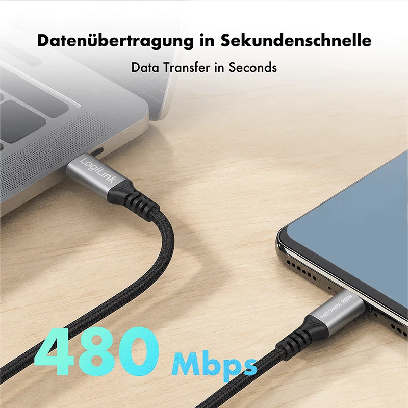 LogiLink USB 2.0 Type-C na Type-C kábel, 240W PD, 480 Mbps, nylon pletený, kovový konektor, čierna/strieborná, 1 m