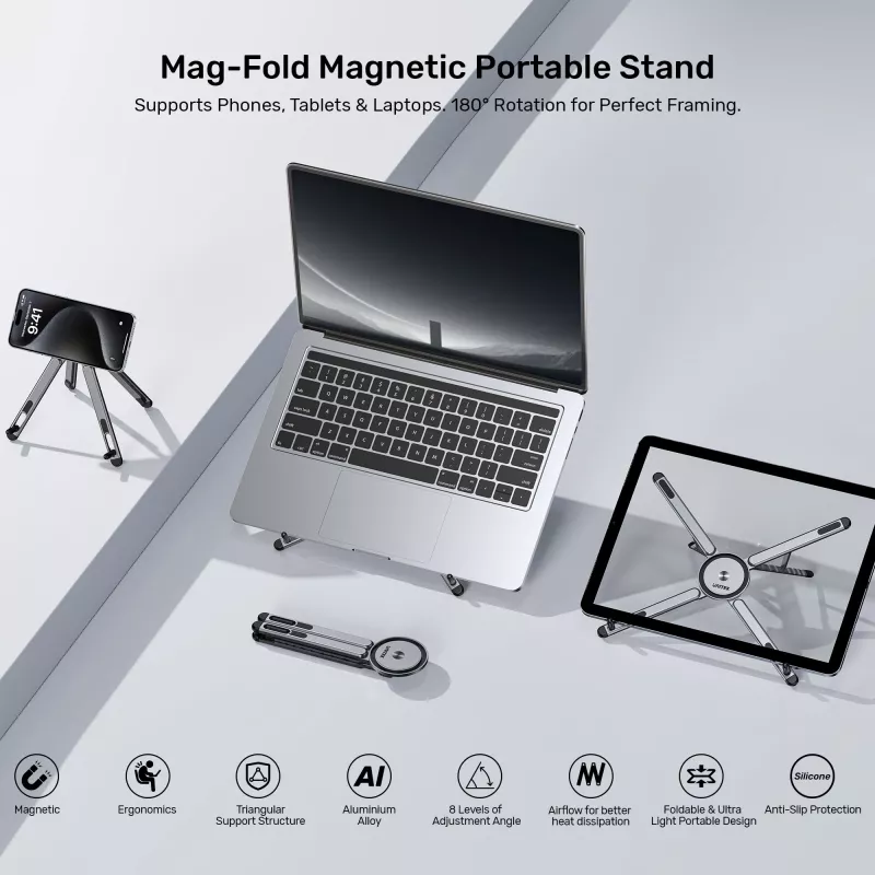 UNITEK Mag-Fold skladací magnetický stojan na telefón, tablet a notebook s funkciou statívu, Space Grey