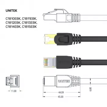 UNITEK Cat.7 S/FTP 2,0 m Ethernet patch kábel, 10 Gbit/s, 600 MHz, pozlátené RJ45 konektory, čierna