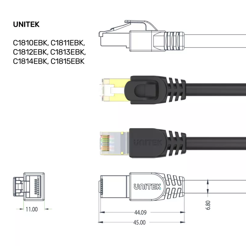 UNITEK Cat.7 S/FTP 2,0 m Ethernet patch kábel, 10 Gbit/s, 600 MHz, pozlátené RJ45 konektory, čierna