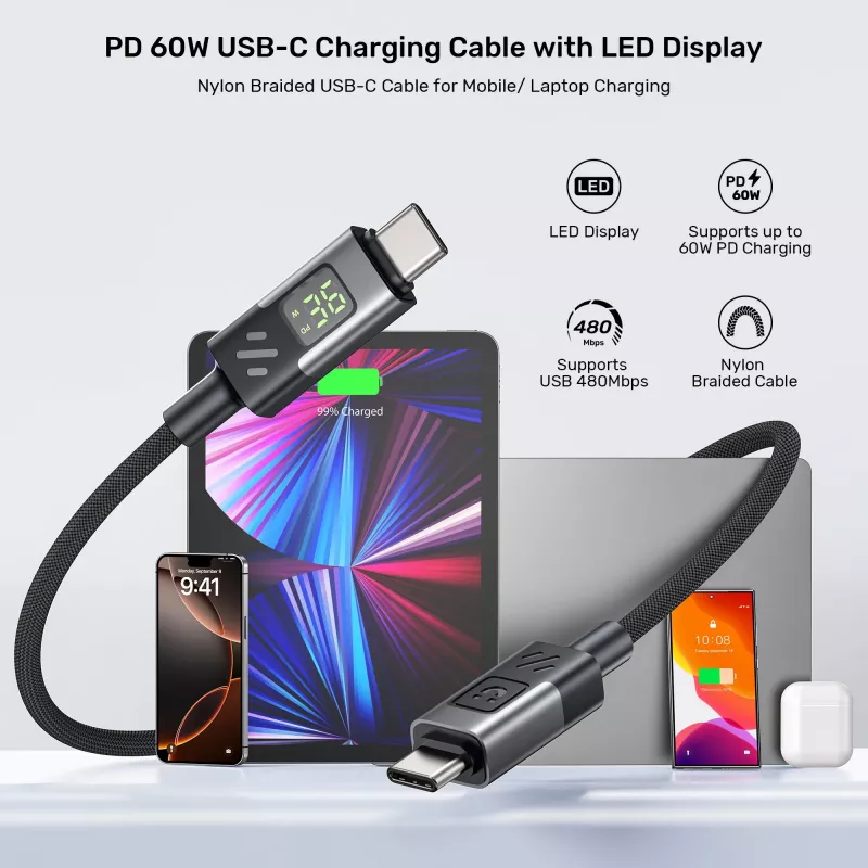 UNITEK USB-C na USB-C kábel s LED indikátorom výkonu 60W PD 480Mbps 1m pletený čierny