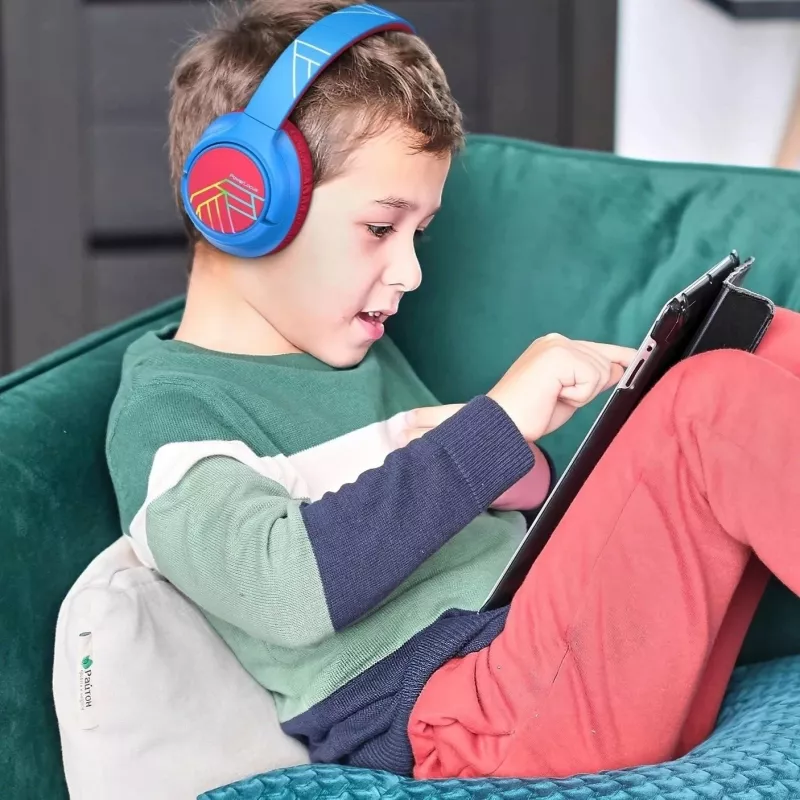 PowerLocus Bobo Kids bezdrôtové slúchadlá, LED, AUX, modrá/červená