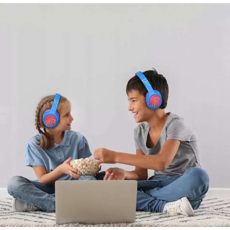 PowerLocus Bobo Kids bezdrôtové slúchadlá, LED, AUX, modrá/červená