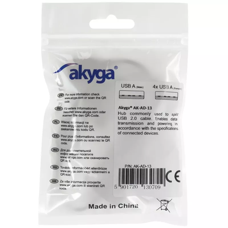 AKYGA AK-AD-13 USB 2.0 4-portový hub, čierny