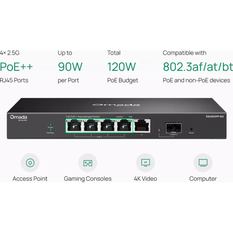 TP-Link Omada Easy Managed 5-portový 2.5G PoE++ switch s 10G SFP+ uplink (ES206XPP-M2)