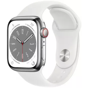 Apple Watch Series 8 GPS + Cellular 41mm puzdro z nehrdzavejúcej ocele s remienkom Sport Band, strieborná/biela (MNJ53EL/A)