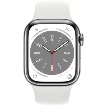 Apple Watch Series 8 GPS + Cellular 41mm puzdro z nehrdzavejúcej ocele s remienkom Sport Band, strieborná/biela (MNJ53EL/A)