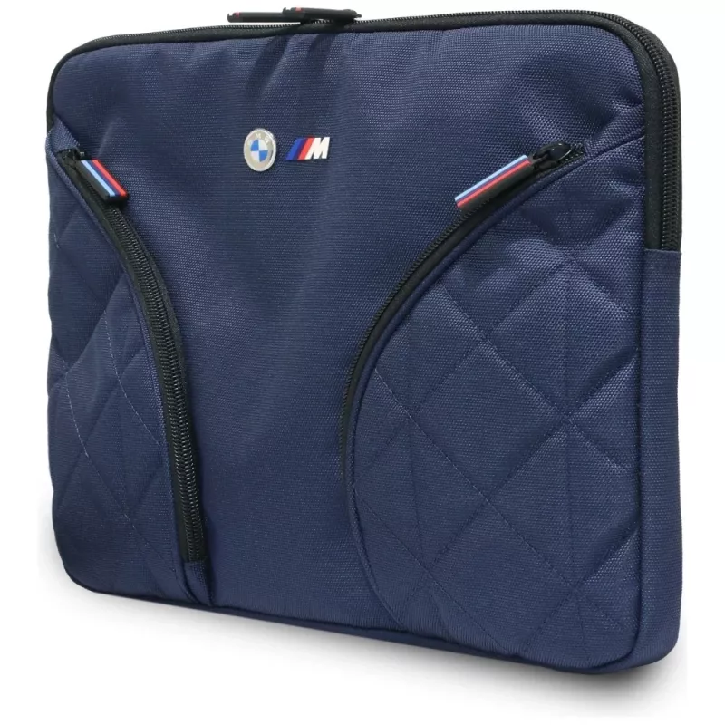 BMW nylonové puzdro na notebook 14 inch tmavomodré s kovovým logom a vreckami na príslušenstvo
