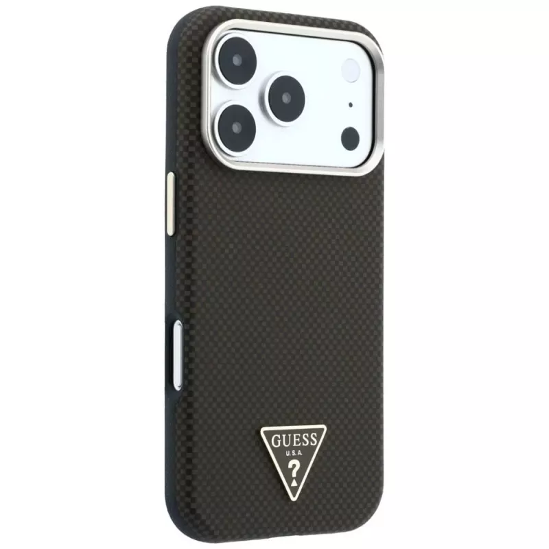 GUESS Kevlar Triangle Logo MagSafe puzdro pre iPhone 17 Pro / 18 Pro – hnedá