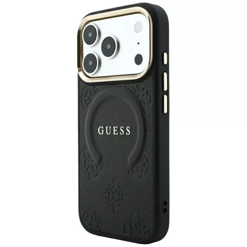 GUESS Saffiano Peony & Ring MagSafe puzdro pre iPhone 18 Pro / 17 Pro - čierna
