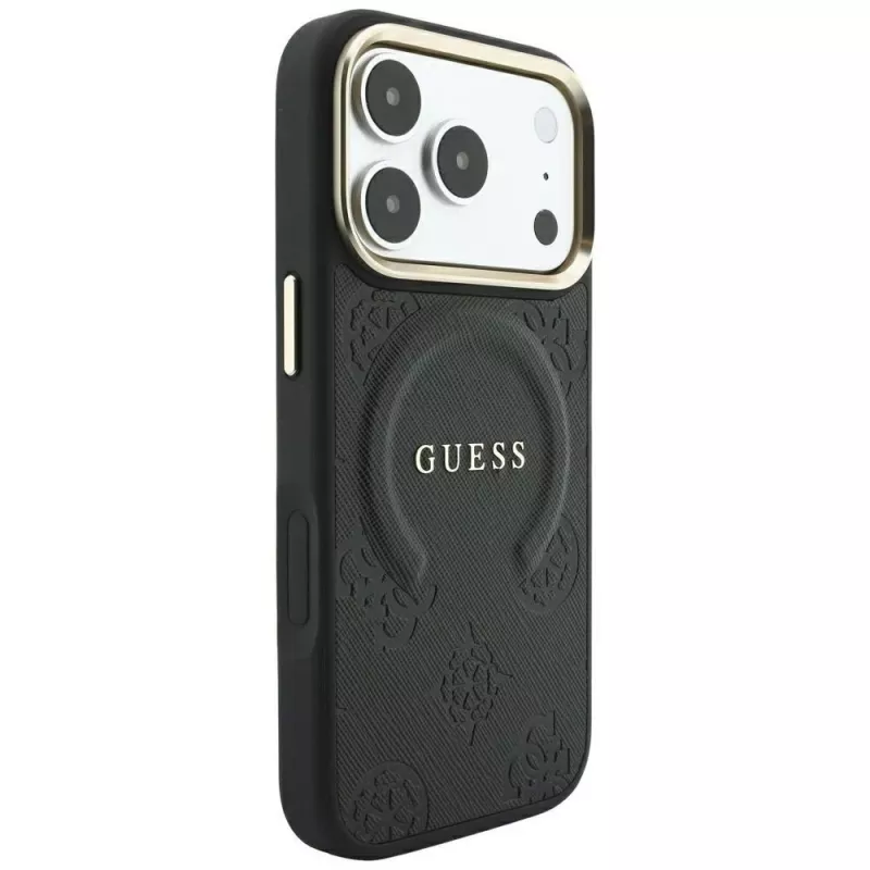 GUESS Saffiano Peony & Ring MagSafe puzdro pre iPhone 18 Pro / 17 Pro - čierna