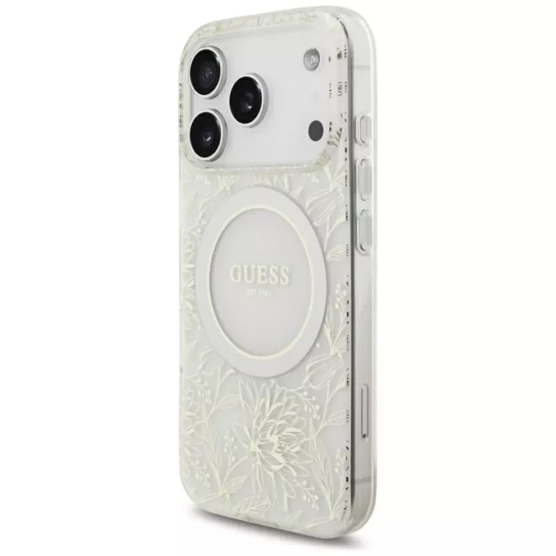 GUESS IML Flowers Allover Electroplated MagSafe puzdro s perlovým remienkom pre iPhone 18 Pro / 17 Pro - biela