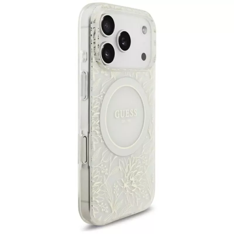GUESS IML Flowers Allover Electroplated MagSafe puzdro s perlovým remienkom pre iPhone 18 Pro / 17 Pro - biela
