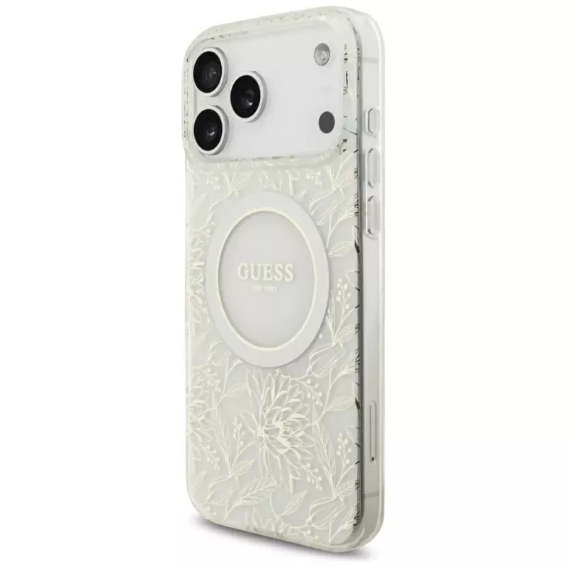 GUESS IML Flowers Allover Electroplated puzdro s perlovým náramkom MagSafe pre iPhone 18 Pro Max / 17 Pro Max biela