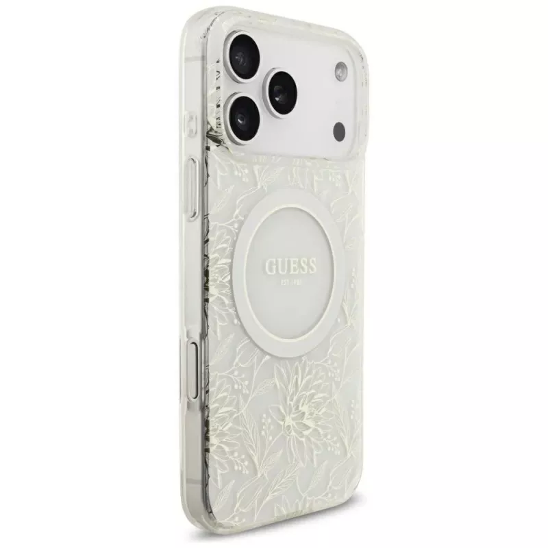 GUESS IML Flowers Allover Electroplated puzdro s perlovým náramkom MagSafe pre iPhone 18 Pro Max / 17 Pro Max biela