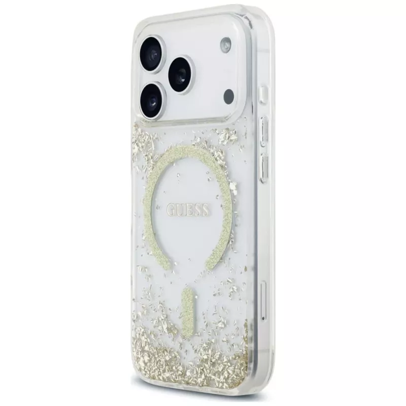 Guess Resin Bottom Glitter MagSafe puzdro pre iPhone 18 Pro / 17 Pro, zlatá