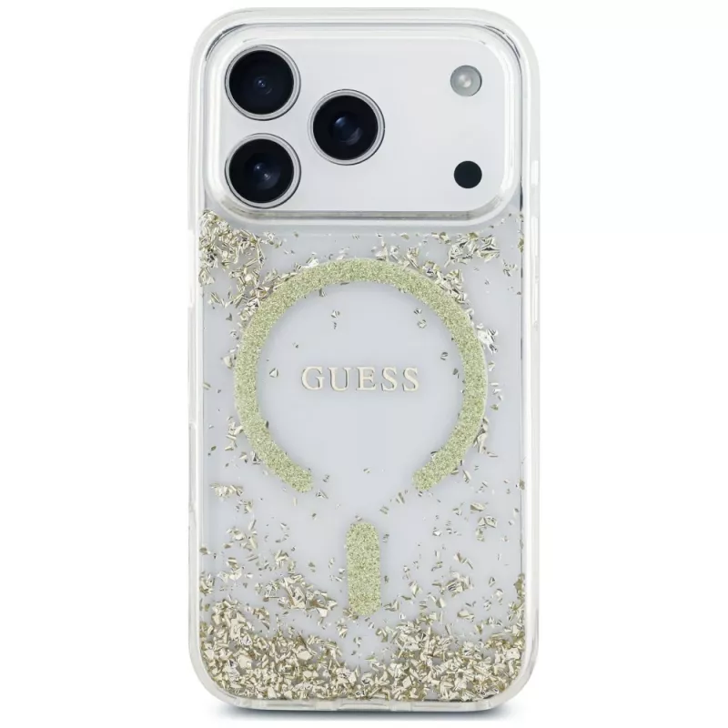 Guess Resin Bottom Glitter MagSafe puzdro pre iPhone 18 Pro / 17 Pro, zlatá