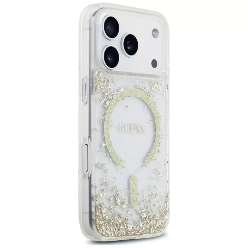 Guess Resin Bottom Glitter MagSafe puzdro pre iPhone 18 Pro / 17 Pro, zlatá