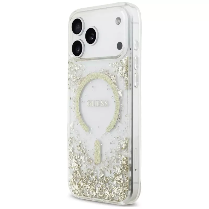 Guess Resin Bottom Glitter MagSafe puzdro pre iPhone 18 Pro Max / 17 Pro Max, zlatá