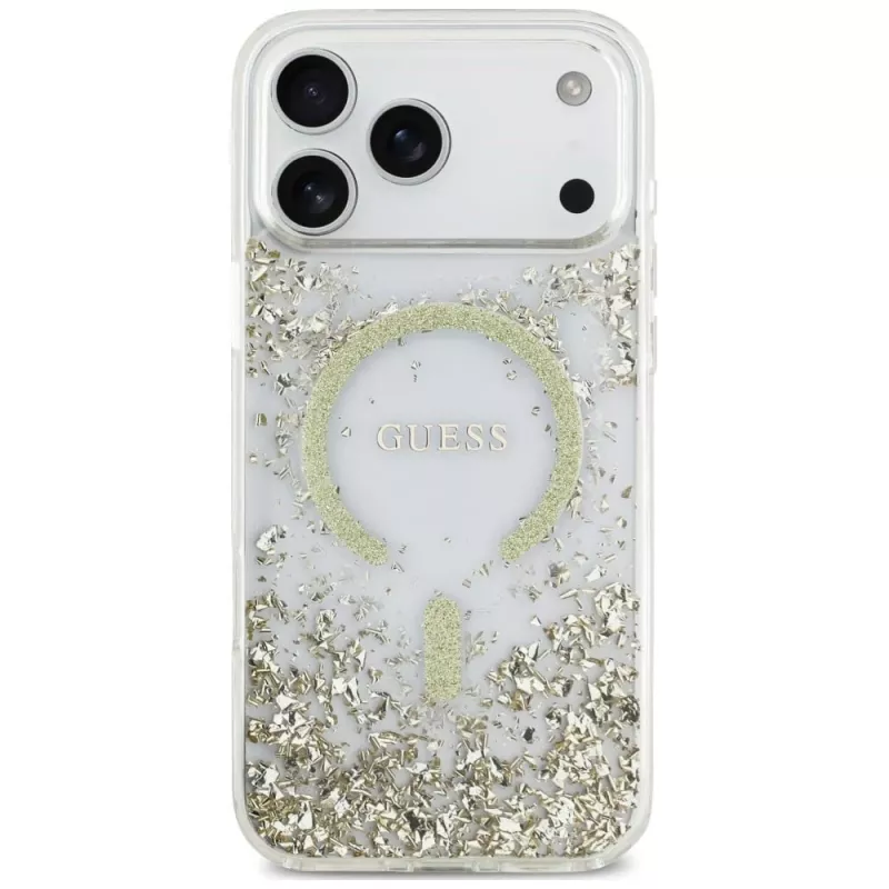 Guess Resin Bottom Glitter MagSafe puzdro pre iPhone 18 Pro Max / 17 Pro Max, zlatá