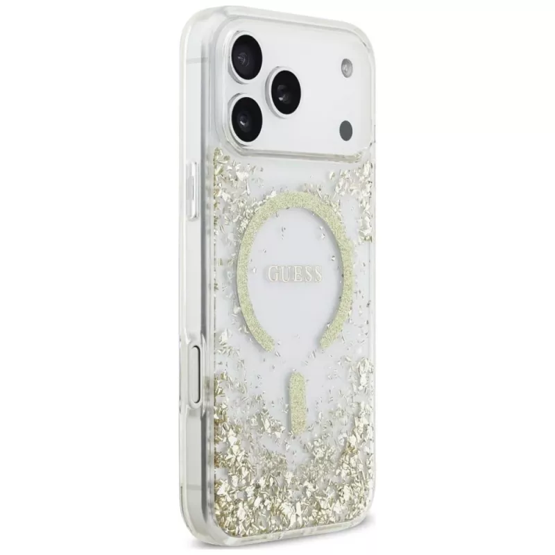 Guess Resin Bottom Glitter MagSafe puzdro pre iPhone 18 Pro Max / 17 Pro Max, zlatá