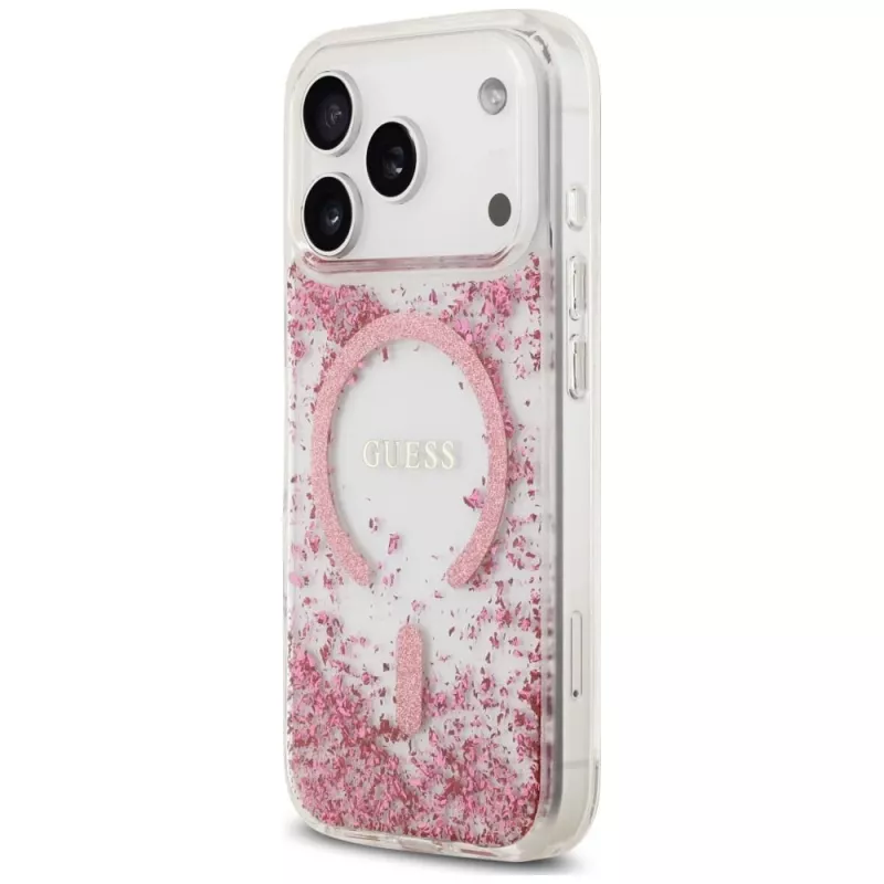 Guess Resin Bottom Glitter MagSafe puzdro pre Apple iPhone 18 Pro / 17 Pro, ružová