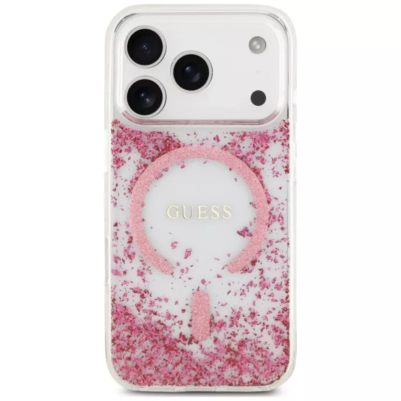 Guess Resin Bottom Glitter MagSafe puzdro pre Apple iPhone 18 Pro / 17 Pro, ružová