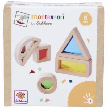 Eichhorn Montessori okenné kocky, 20-dielna sada, FSC® 100% certifikované bukové drevo s farebnými akrylovými okienkami, vzdelávacia hračka na objavovanie svetla a farieb pre deti od 12 mesiacov