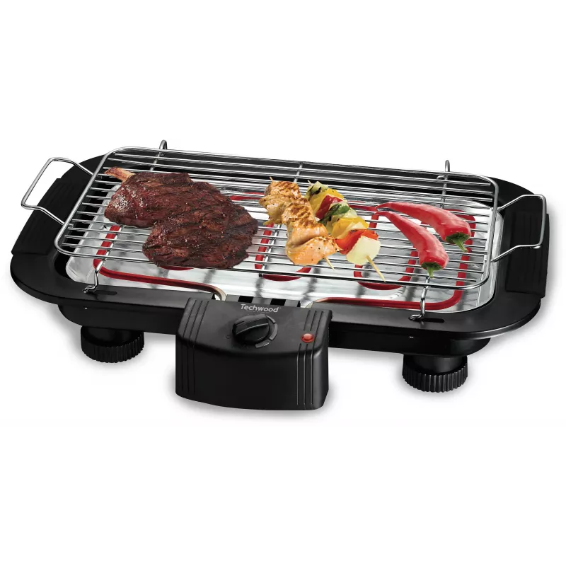 Techwood TBQ-836P Elektrický gril so stojanom, 2000W, 36,5 cm chrómový gril, čierny