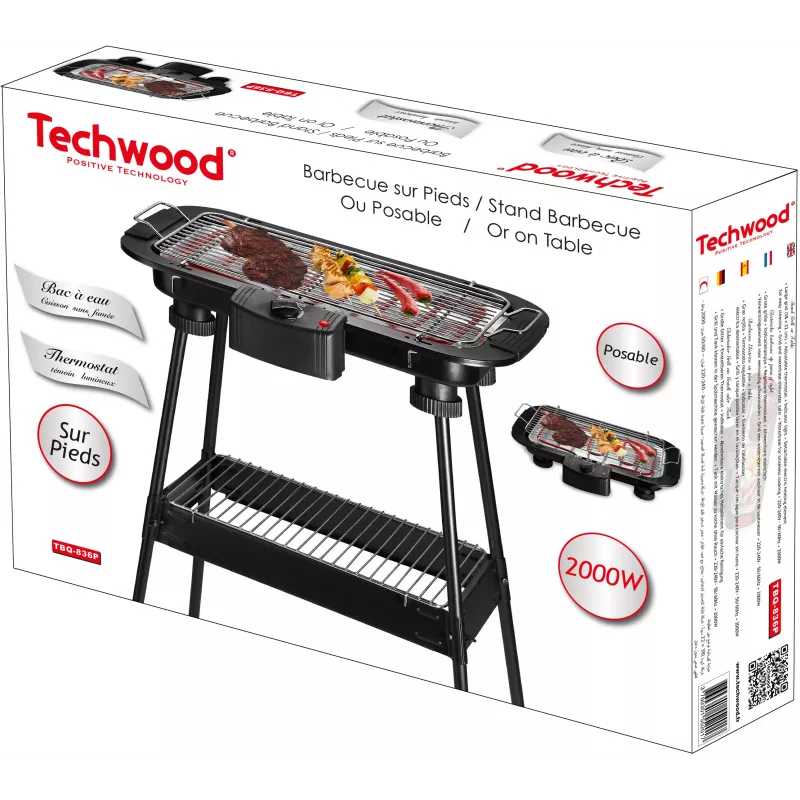 Techwood TBQ-836P Elektrický gril so stojanom, 2000W, 36,5 cm chrómový gril, čierny