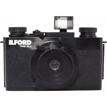 ILFORD PIXIE 35mm point & shoot filmový fotoaparát – strieborný/čierny, vstavaný blesk, autofokus