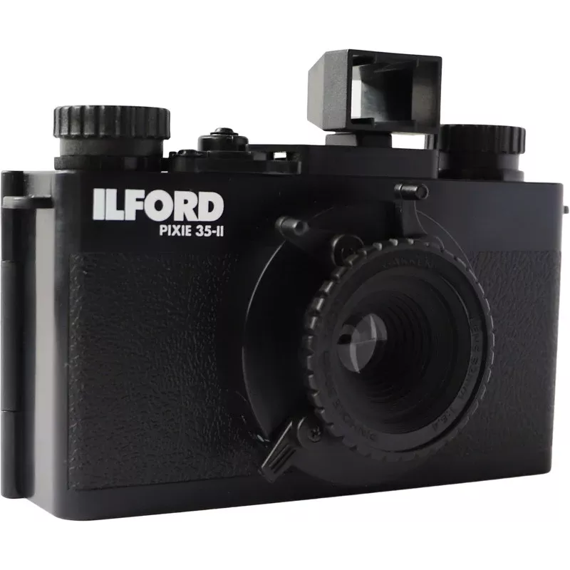 ILFORD PIXIE 35mm point & shoot filmový fotoaparát – strieborný/čierny, vstavaný blesk, autofokus