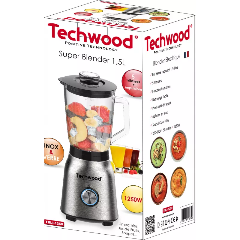 Techwood TBLI-1250 stolový mixér 1200 W 1,5 L sklenená nádoba čierna/strieborná