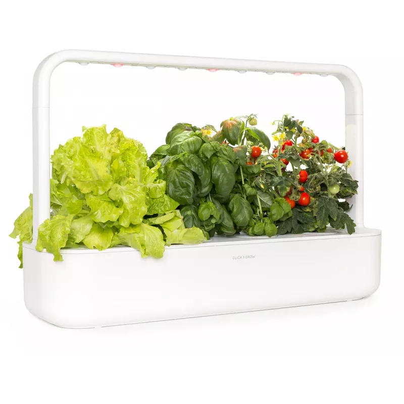 Click & Grow Smart Garden 9 interiérová bylinková a zeleninová záhrada s LED rastovými lampami, samozavlažovanie, 9 pestovateľských kapsúl, biela