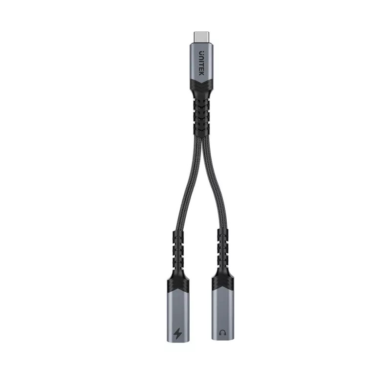 Unitek USB-C audio a nabíjací adaptér s 60W Power Delivery, 15 cm, Space Grey